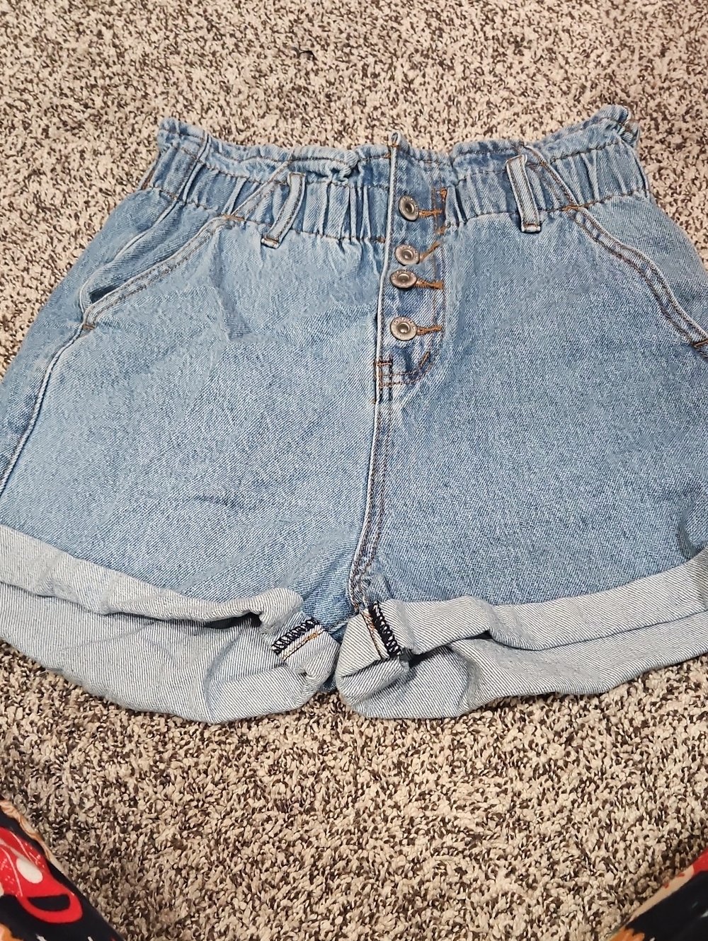 High-Waist Light Blue Denim Paperbag Shorts with Button Front